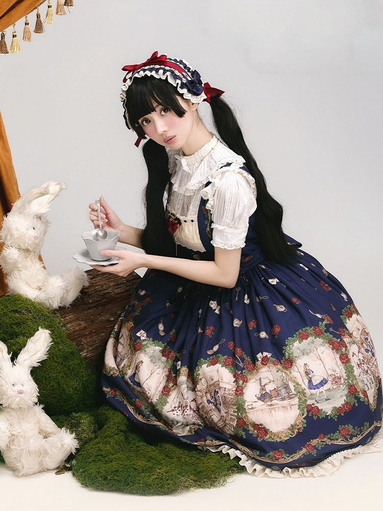 Wonderland Alice Floral Print Dark Blue Lolita JSK Lace - Stars Fall on the Foggy Island