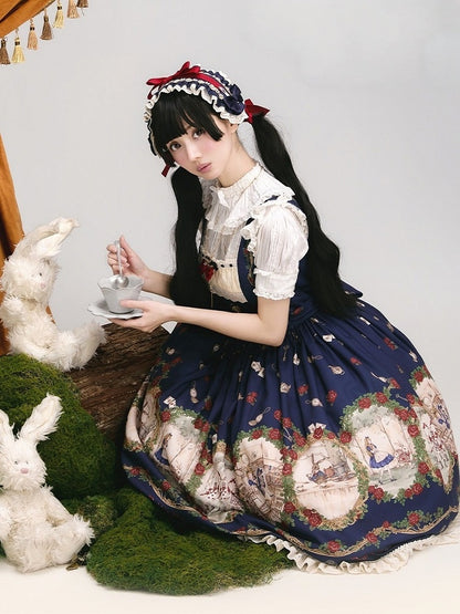 Wonderland Alice Floral Print Dark Blue Lolita JSK Lace - Stars Fall on the Foggy Island