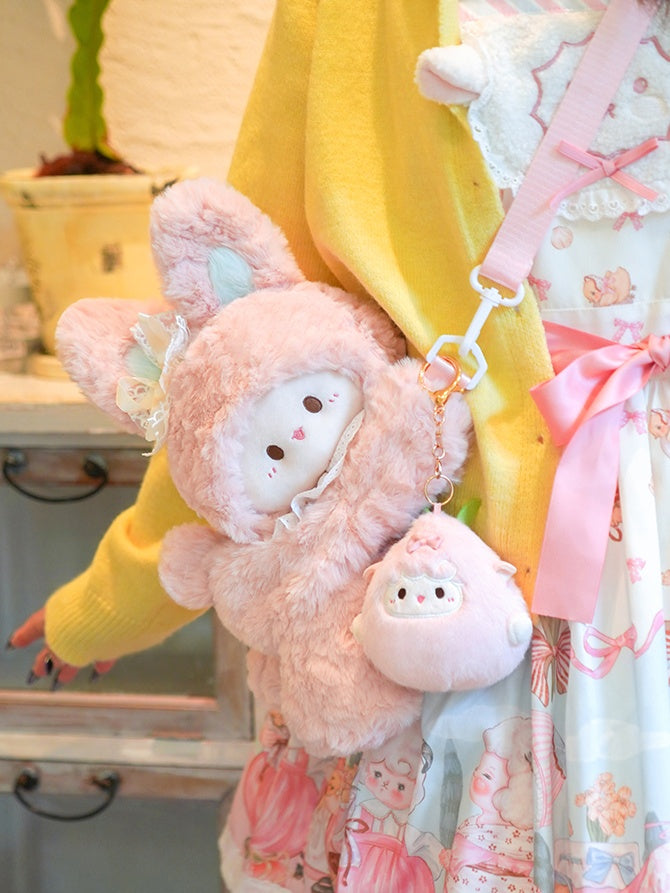 Rosa Kaninchen Bowknot Spitze Details Plüsch Rucksack mittlere/große Größe
