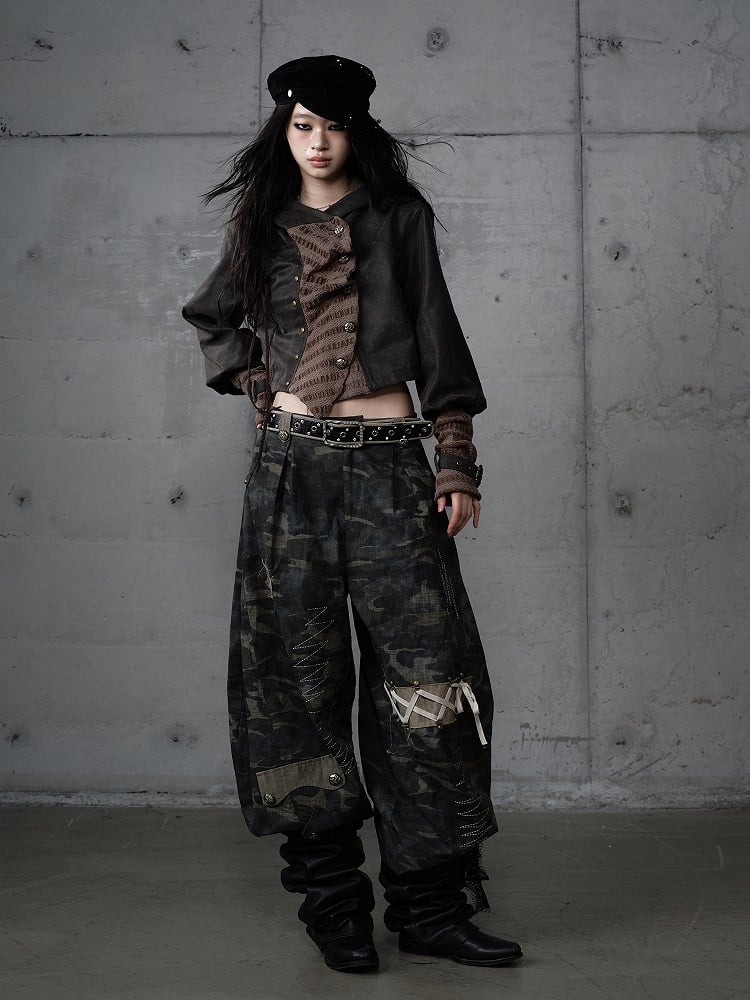 Dark Vintage Knit Jacket Hoodie with Green Paneling Suede