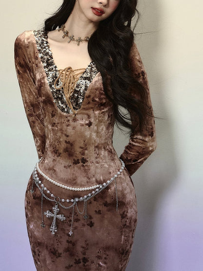 Kaffee Pailletten V-Ausschnitt Hohe Taille Spitze Patchwork Volant Meerjungfrau Rock Samtkleid Abendkleid