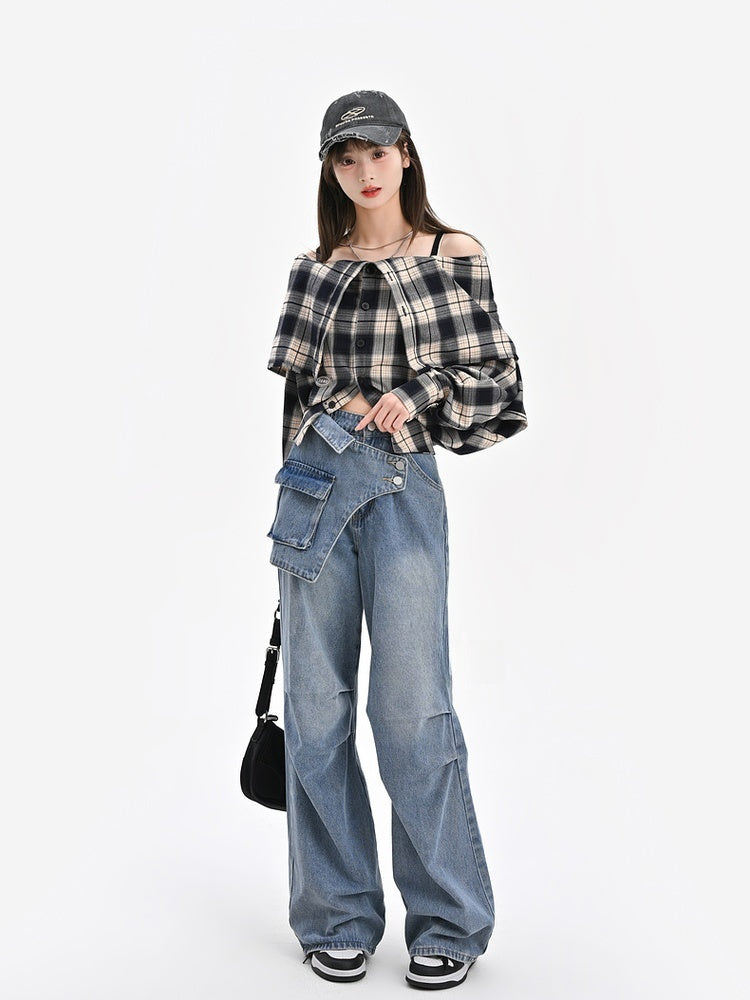 Wide-Leg Jeans Taillendesign Blau Asymmetrisch