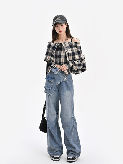 Wide-Leg Jeans Taillendesign Blau Asymmetrisch