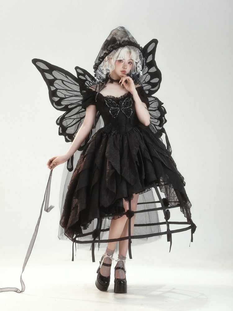 Butterfly Motif Puff Sleeve Lolita Top and Asymmetrical Hem Skirt Set in Black - Sweet Wood Lolita