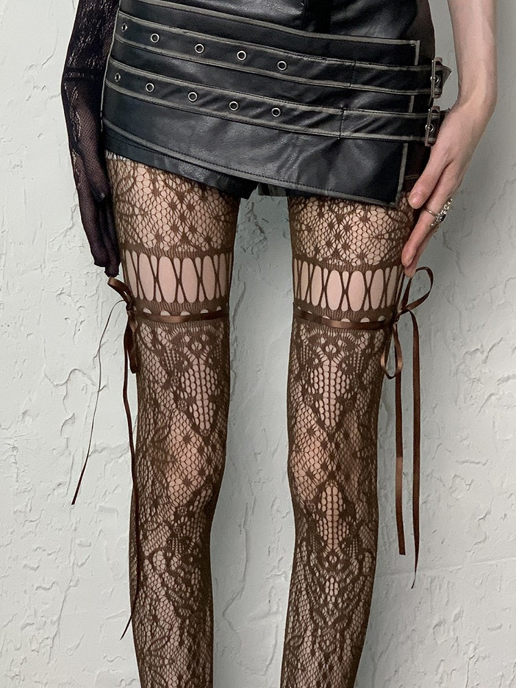 Ausgeschnittene Strumpfhosenträger zum Selbstbinden in Kaffee/Grau/Schwarz/Weiß/Lila/Blau im Y2K-Stil mit Blumenmuster