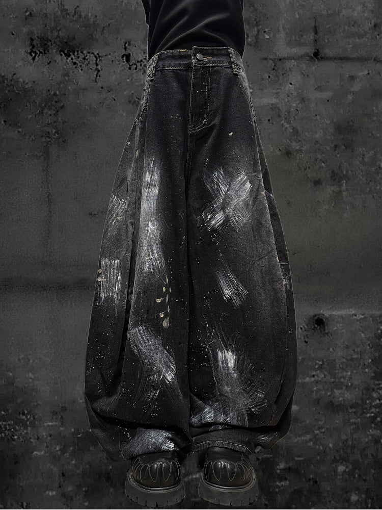 Distressed Graffiti Jeans Paint Wide-Leg and with Black Splatter Cross