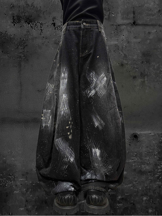Distressed Graffiti Jeans Paint Wide-Leg and with Black Splatter Cross