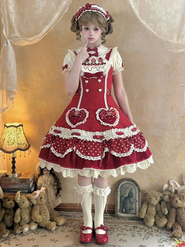 Strawberry-Print JSK Dress with Polka-Dot Bow & Peter Pan Collar Blouse Set - Day Rabbit