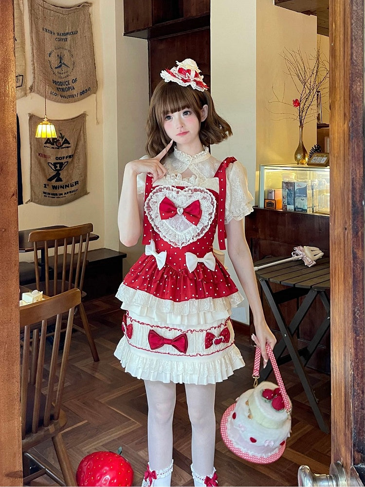 Polka Cami Ärmel Süße Puffschleife + Akzente Rock Lolita Set Top Cropped Dots Rot - Voll