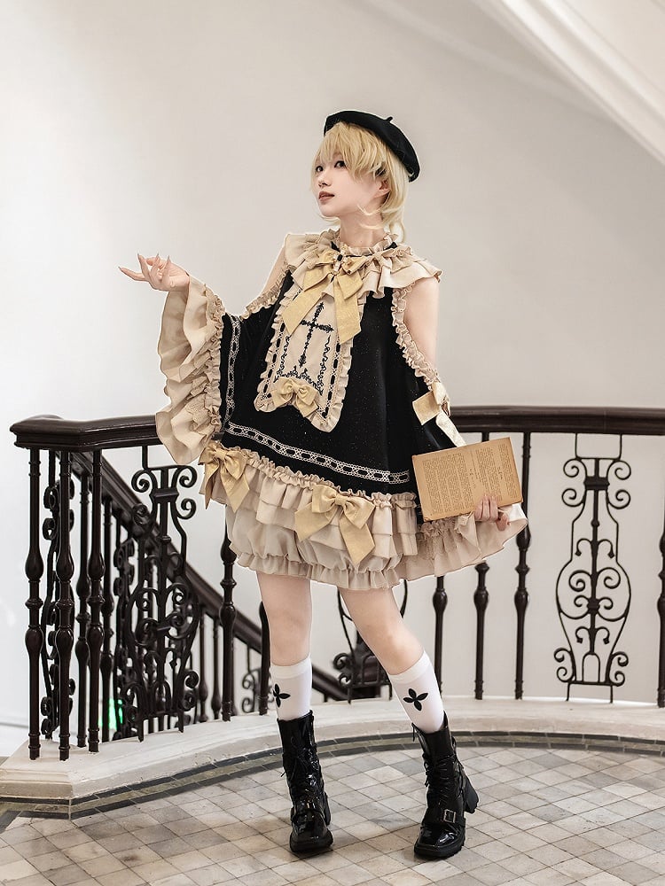 Black & Golden Cross Embroidery Cutout Shoulder Ruffled Ouji Lolita Top with Bloomers Set - Unknown Star