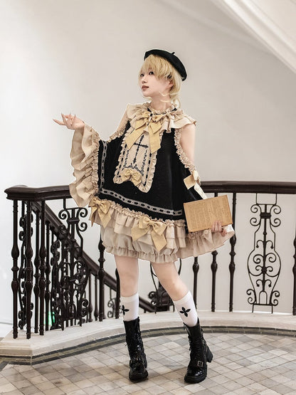 Black & Golden Cross Embroidery Cutout Shoulder Ruffled Ouji Lolita Top with Bloomers Set - Unknown Star