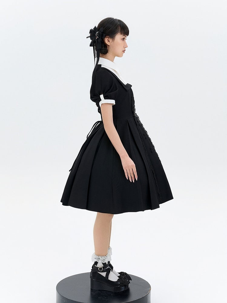 Two-pieces OP Lolita Black Dress Sleeves Design White Short Fake