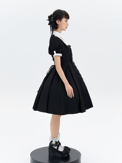 Two-pieces OP Lolita Black Dress Sleeves Design White Short Fake
