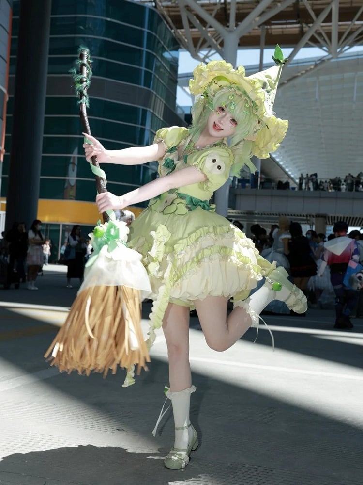 Green Ruffled Sweet Lolita Fluffy OP Dress Full Set