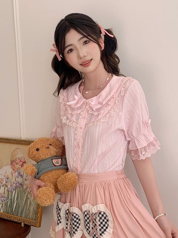 Pink Lolita Lace Doll Neck Blouse - Lan Jian Chuan