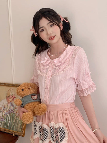 Pink Lolita Lace Doll Neck Blouse - Lan Jian Chuan