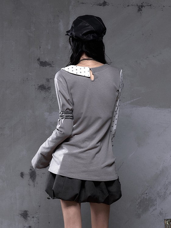 Gray Motif Y2K Gothic Sleeve Vintage Punk Knit Print Heart Top with Star