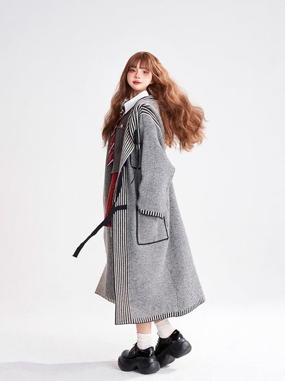 Cardigan Coat Tie-Front Closure Striped Bow Preppy Vintage with Gray Hooded