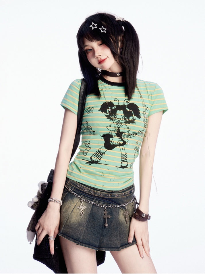 Mädchen Print Rundhals Grün Gestreiftes T-shirt Rock