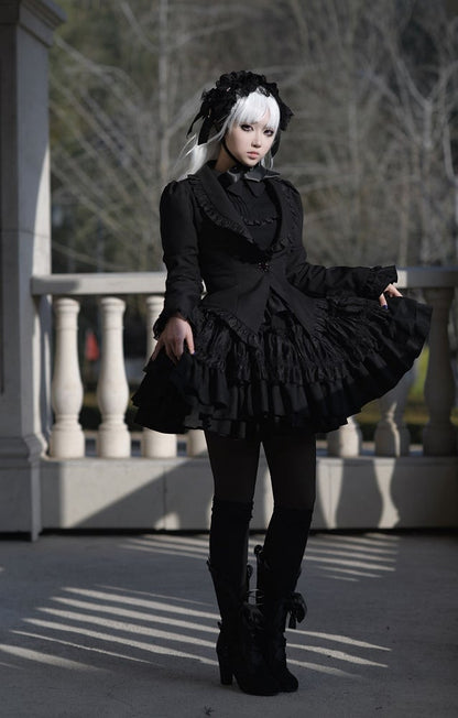 Black Gothic Lolita Tiered Ruffle Puffy Skirt