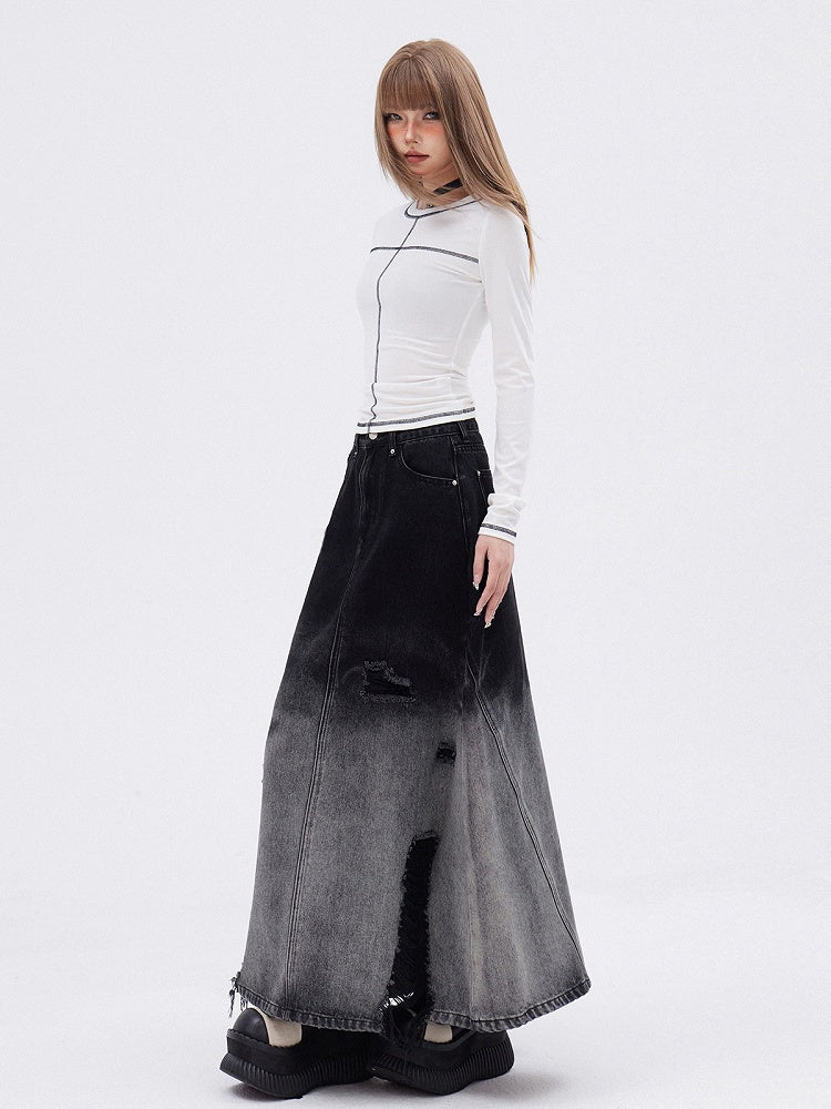 White/Black  Round Neck Long Sleeves T-shirt