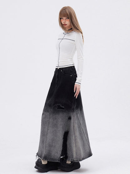 White/Black  Round Neck Long Sleeves T-shirt