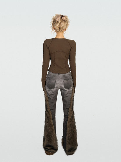 Vintage Top Patch Knit Front Coffee with Crossover Butterfly Off-Shoulder Lace-Up