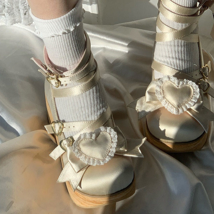 Snap Crisscross Janes in Sole Mary Satin Wood Platform Sweet Heart Lolita Grain with Champagne