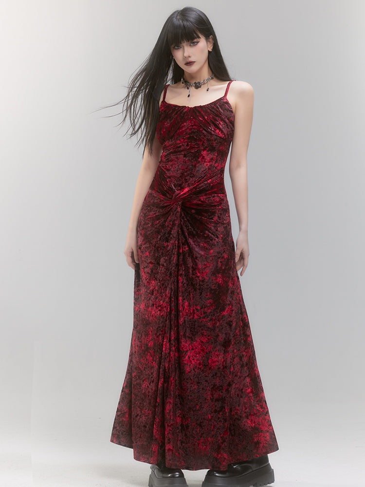 Red Velvet Twist Details Tie Dye Spaghetti Strap Dress