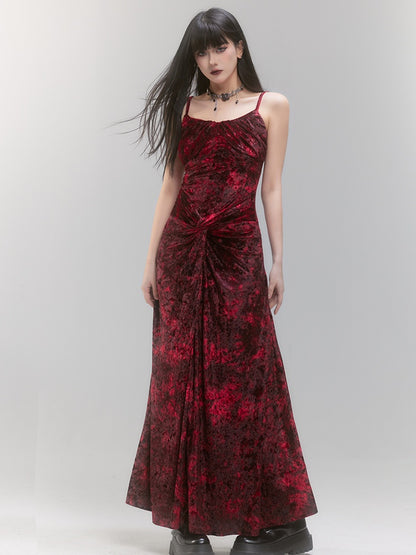 Red Velvet Twist Details Tie Dye Spaghetti Strap Dress