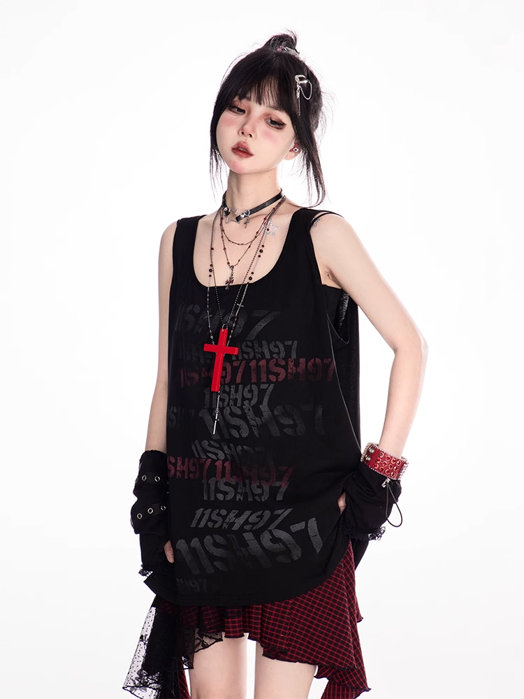 ブラック スクープネックライン レタープリント ヴィンテージ ルーズタンクトップ