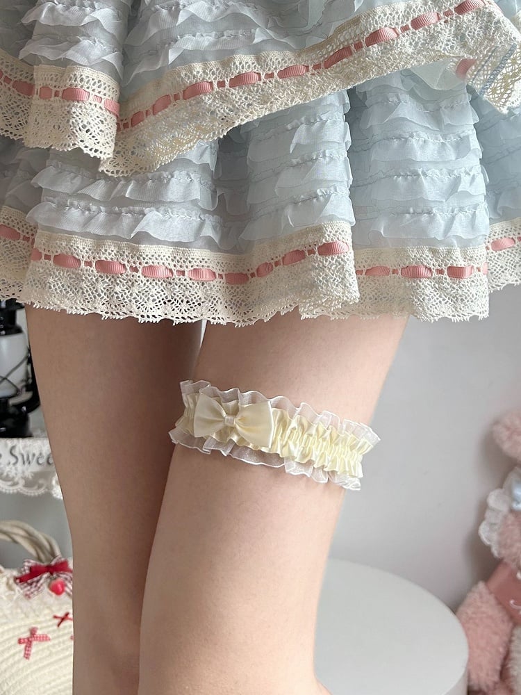 White/Yellow/Pink And Ruffle Ribbon Bow Garter Cute