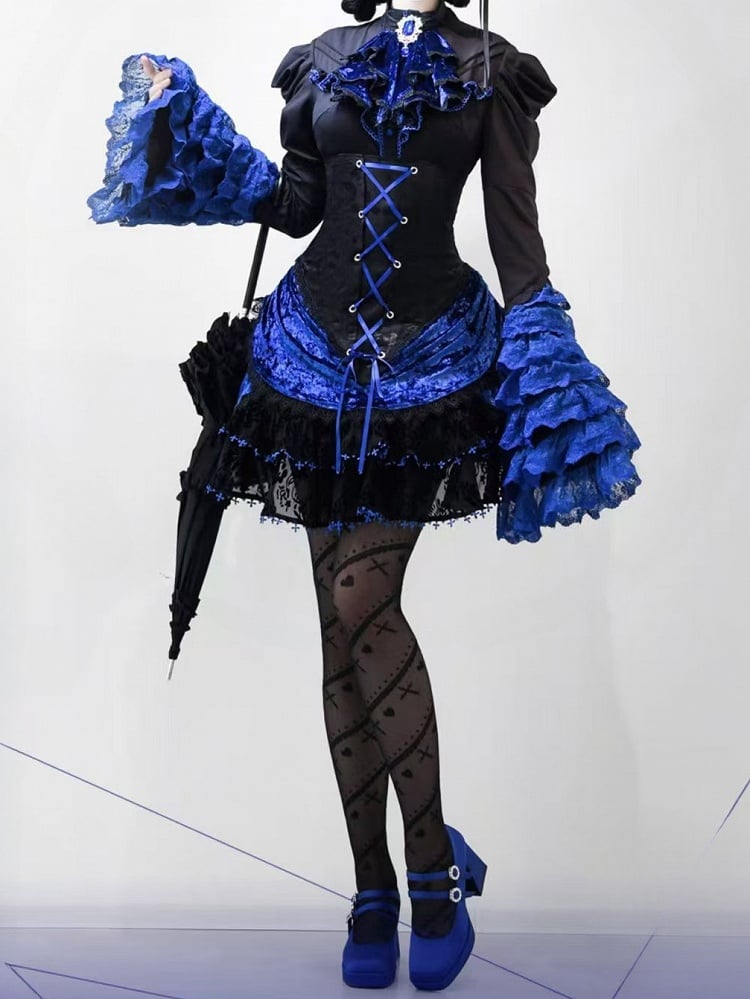 Lolita Skirt Waist Sleeves and Boned Blue Tie Jabot Gothic Long + Black Full - Shirt Hat Mini Klein Set Bell High