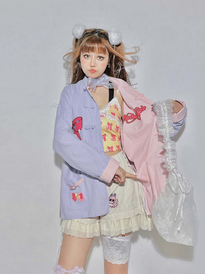 リバーシブル ピンク＆パープル バンドカラー ボウバックルシャツ