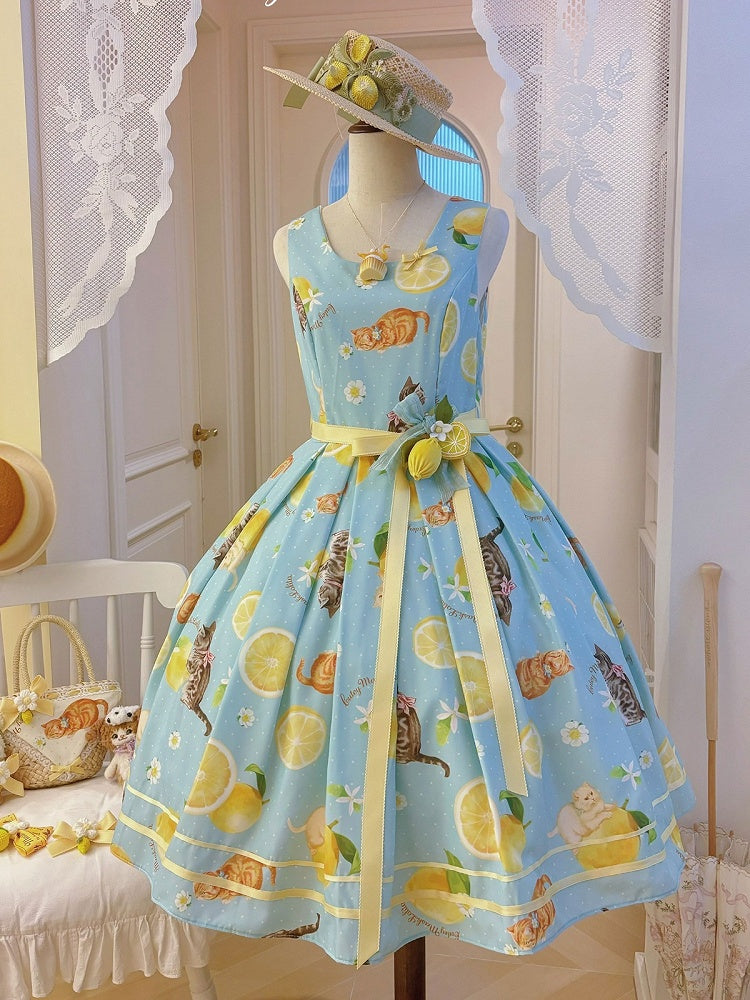 Blue Sweet Lolita Floral Print Jumper Dress with Cat Motif - Cutey Mask