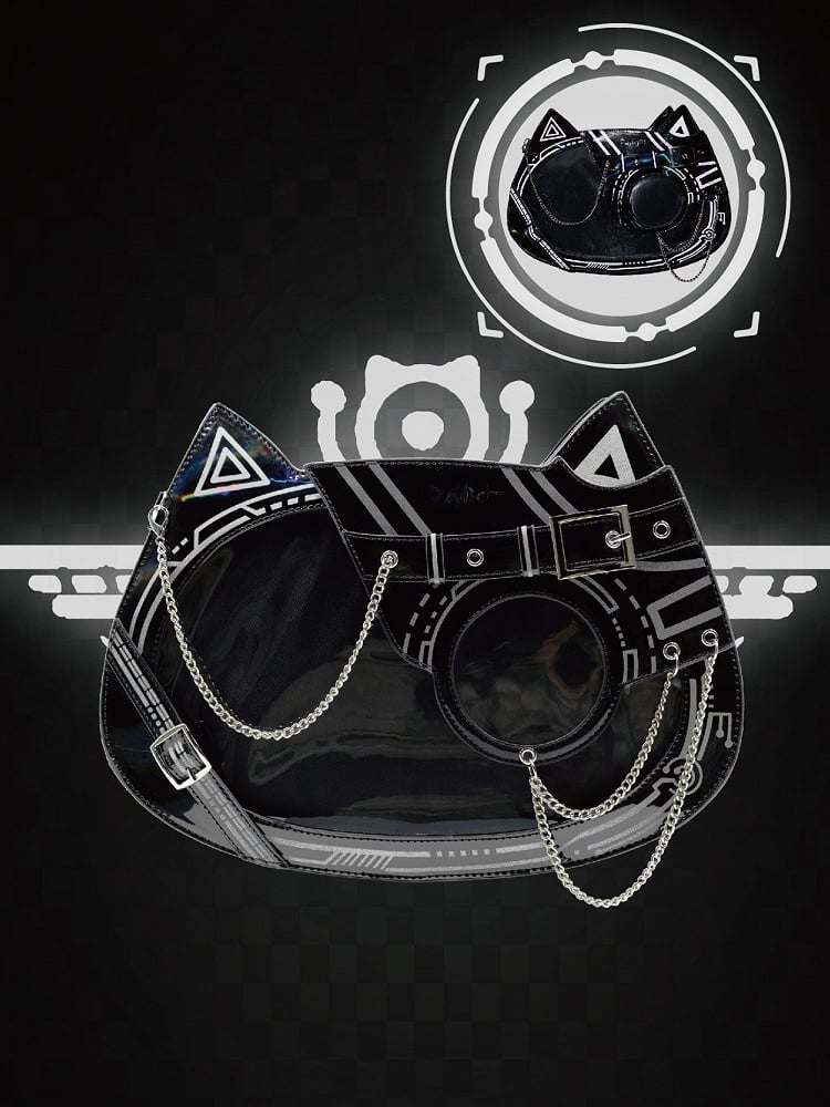 Futuristic Cyberpunk Cat Ita Bag Black Silver - Daylight