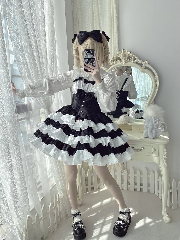 with Waist Tiered White Cute JSK Ruffle Bow Lolita Decorations Black and Boned