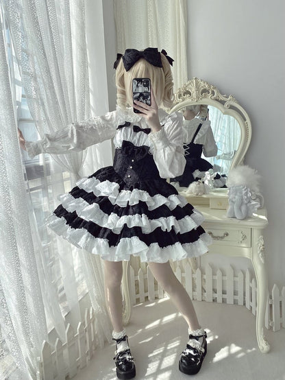 with Waist Tiered White Cute JSK Ruffle Bow Lolita Decorations Black and Boned