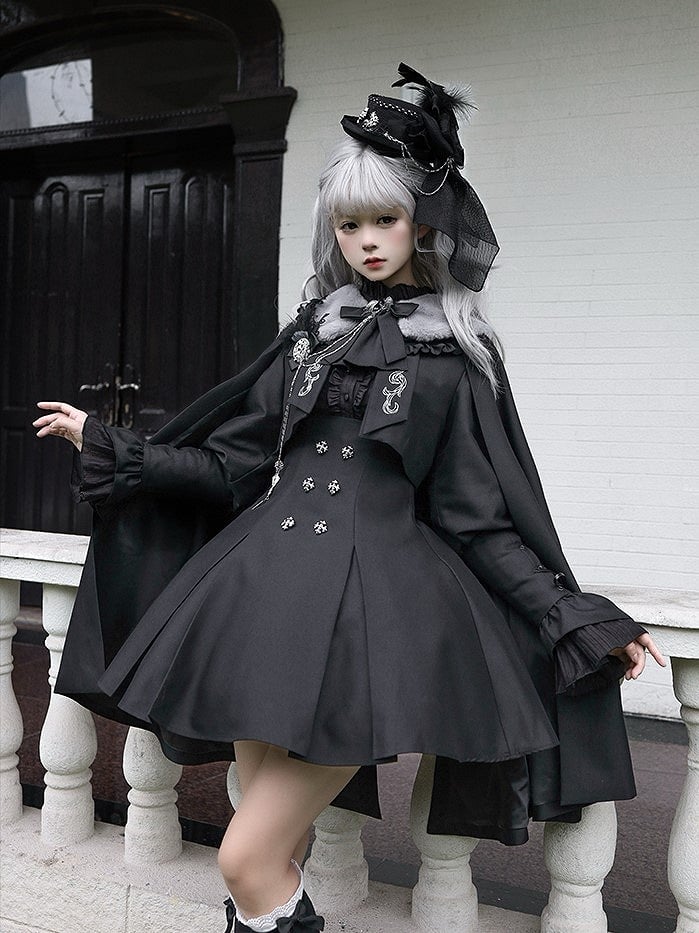 Chest Chain+Tie Back Set Badge Black Patch Gothic Lolita Full Hanging Dress+Blouse+Cape+Coat+Shoulder