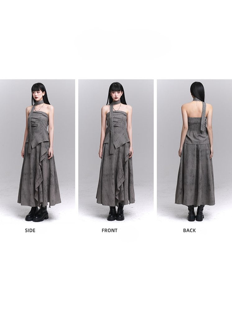 Gray Splatter Punk Matching Layered with Asymmetric Wasteland Neck Ruching Strap Bustier