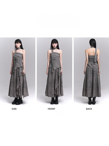 Gray Wasteland Punk Splatter with Ankle-Length Asymmetric Skirt Pattern Ruffle