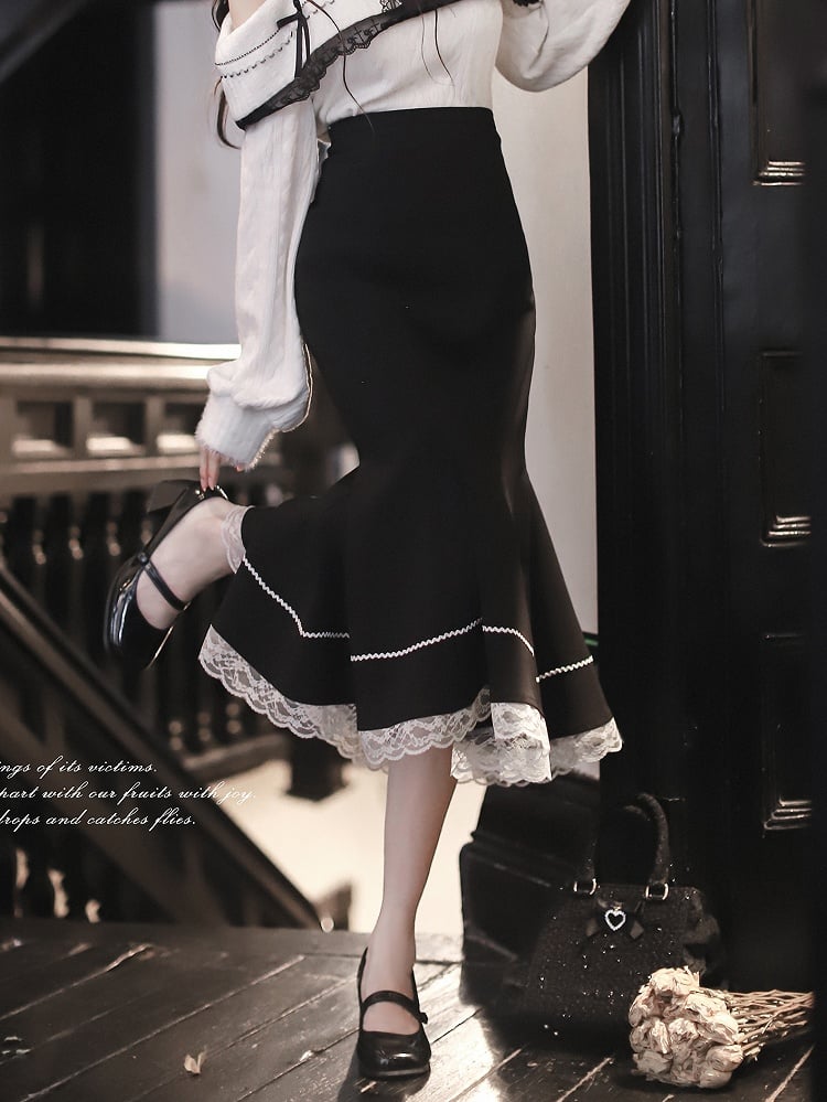Elegant Black Jirai Kei High Waist Mermaid Skirt with White Lace Hem