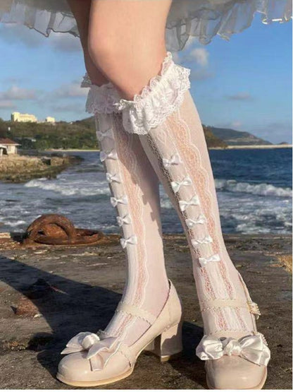 Lolita Detail Stockings (Color: White/Yellow) Bow Sweet Lace