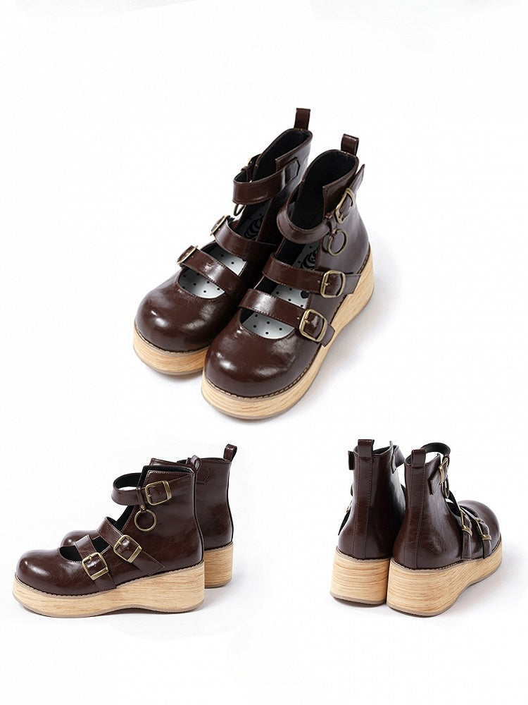 - Sohle Schnalle cm Knöchel 3–5 Maserung 3 braun Holz Stiefel Riemen Keil Plateau Vintage