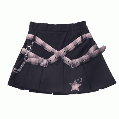 ピンクチェック柄バックルストラップ、スターアップリケ、ブラックボックスプリーツスカート