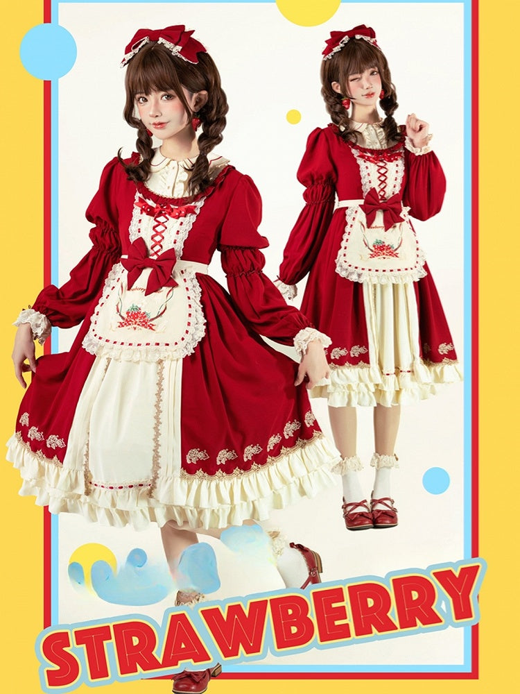 with Long-sleeved and Sweet Hem Red Apron Ruffle Beige Strawberry Embroidered Lolita Dress