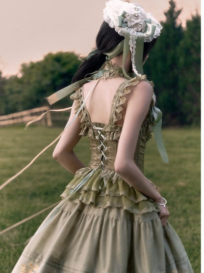 Dark Green Floral Lace Boned Corset with Satin Bow - Yimu Walnut