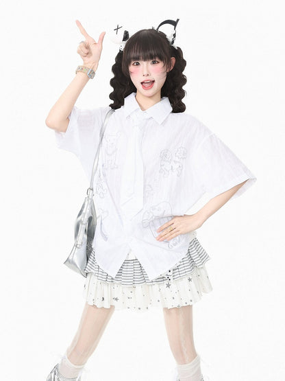 White Puppy Embroidery Short Sleeve Shirt with Tie - Languid Park