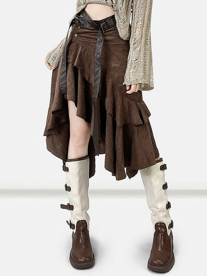 コーヒーヘムウェイストランドアシンメトリースカートブラウンパンク