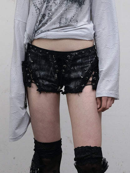Studs Lace-up Shorts Punk Hem Raw Details Black/White Decorated Wasteland